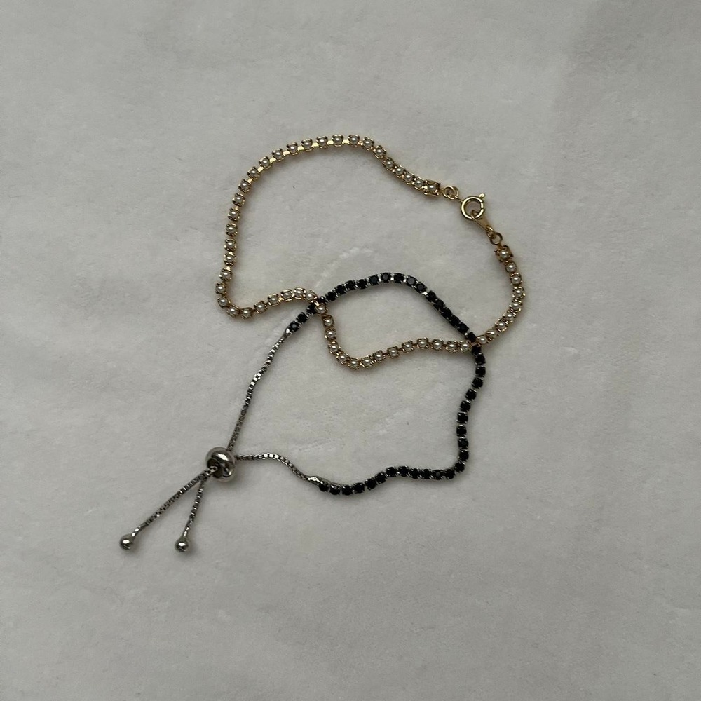 Black Pearl Tennis Lot 2 Bracelet Set Black Silver Gold Tone Faux Pearl Delicate